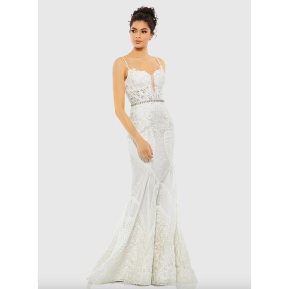 NWT Mac Duggal White Wedding Dress 14 Corset Plunge Trumpet Lace Gown - Picture 2 of 16